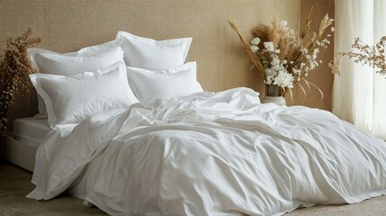 Bed with crisp white sheets and throw pillows, set against a textured accent wall for a chic, hotel-like look.