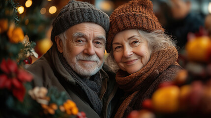 Obraz premium Happy elderly couple enjoys a festive day in a holiday market surrounded by colorful decorations and warm atmosphere. Generative AI