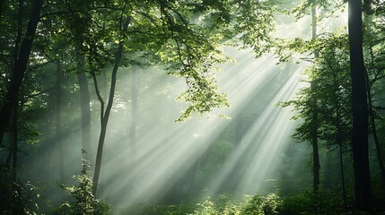Obraz premium Sunbeams in Misty Forest