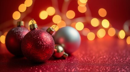 Glittering Christmas Baubles on a Sparkling Red Background
