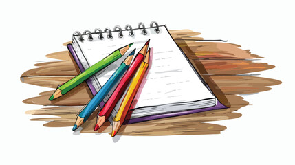 Colorful Colored Pencils and Notepad on Wooden Table Concept