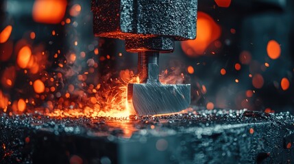 Close-Up of a Metalworking Process with Sparks and Glowing Iron, Capturing the Dynamic Energy of Forging and Shaping Steel in a Workshop Environment