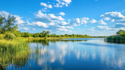 Obraz premium Summer lake landscape with blue sky and clouds