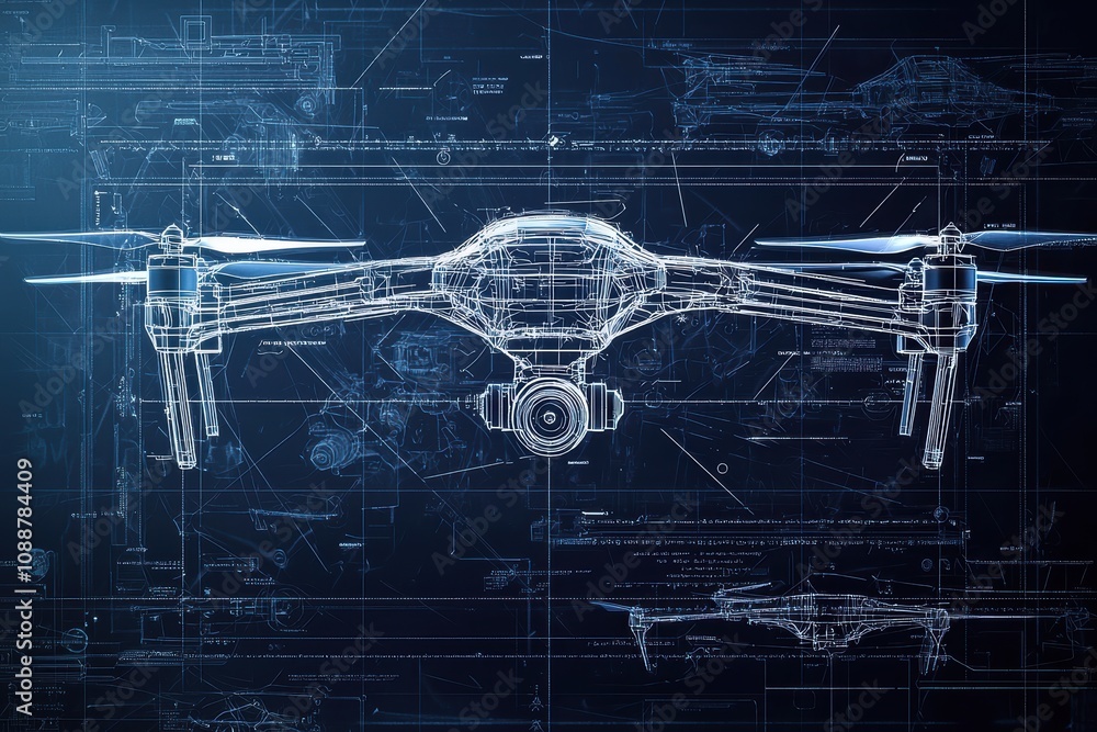 Poster futuristic blueprint of a drone: a wireframe design highlighting technological features and structur