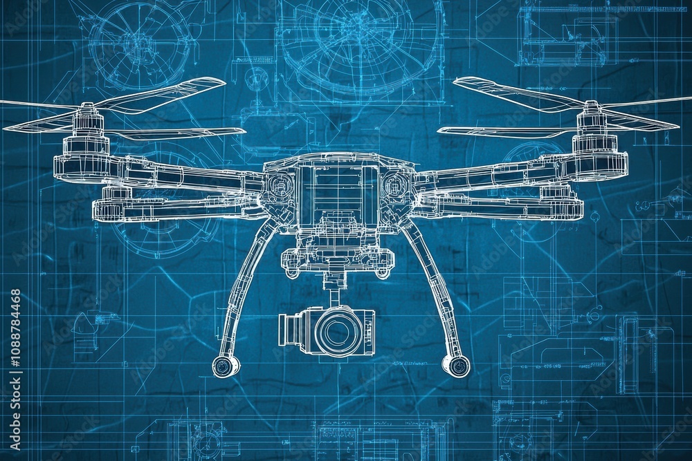 Poster detailed blueprint of a drone with camera, illustrating innovative design elements and engineering c
