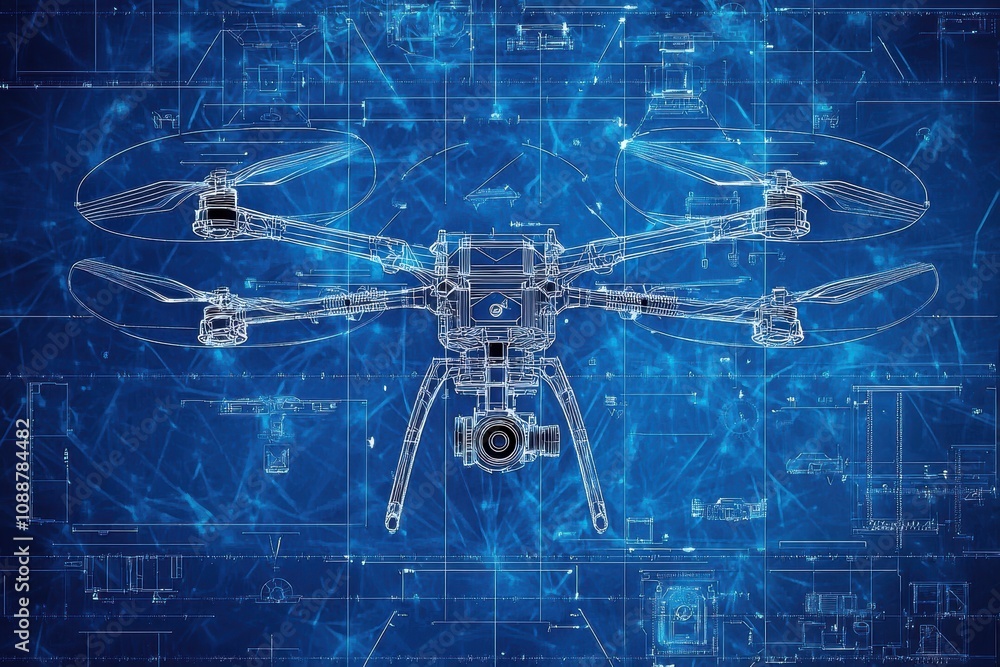 Poster a futuristic blueprint of a quad-copter drone with technical schematics and digital background illus