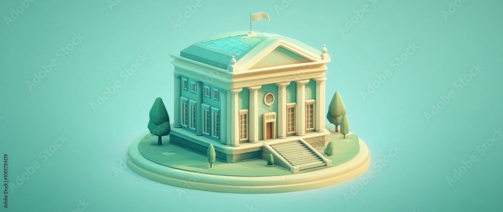 Poster a stylized building with columns, steps, and trees, representing a government or civic structure.