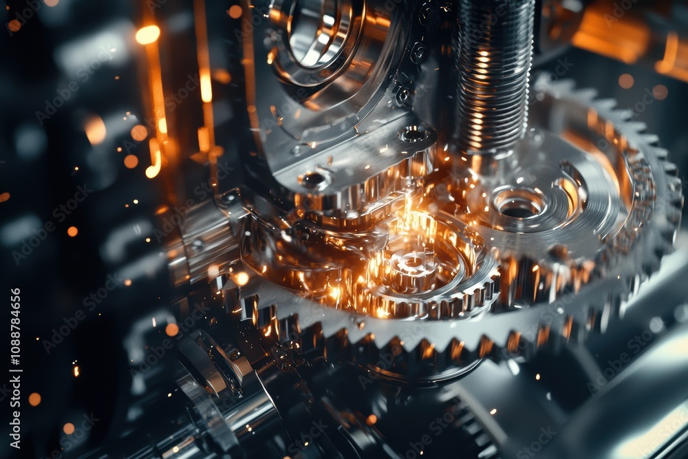 Poster intricate close-up of metallic gears in motion with sparkling effects and glowing elements illustrat