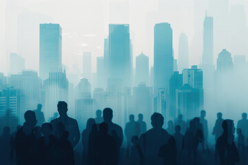 A city skyline with a large group of people walking in the foreground