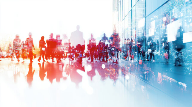 A group of people walking in a city with a blurred background