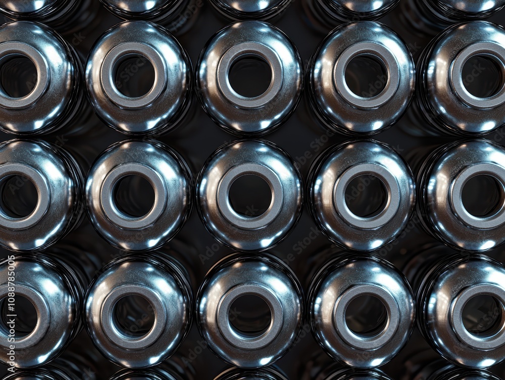 Poster a close-up view of polished metal cylinders arranged in a neat grid pattern highlighting smooth surf