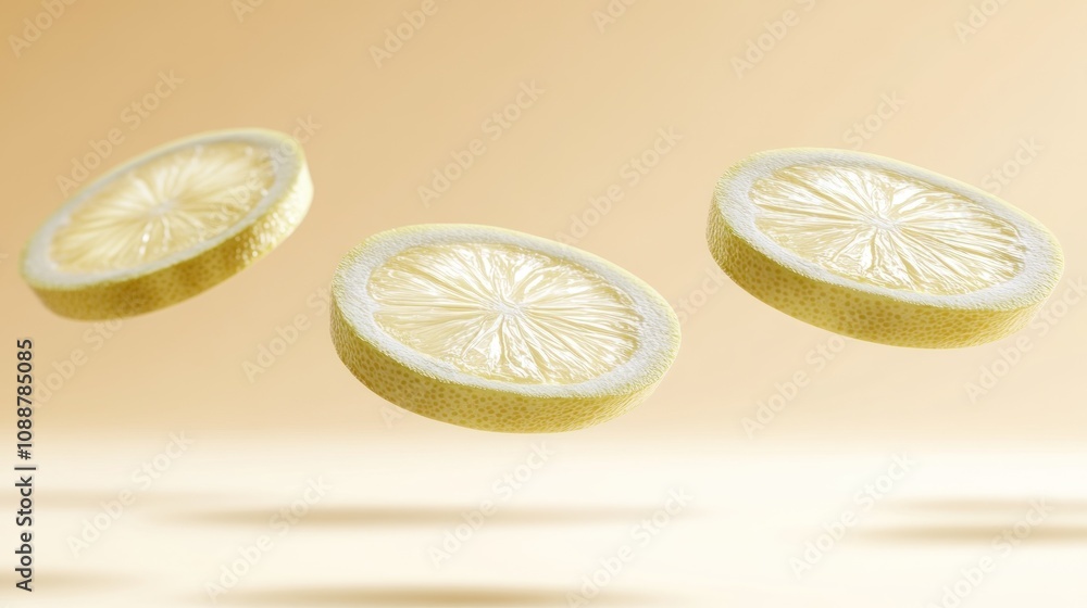 Poster three floating lemon slices against a soft background, emphasizing freshness and zest.