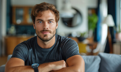 Obraz premium A man with a beard and a watch is sitting on a couch