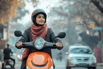 Indian woman riding electric scooter through winter city streets in urban environment