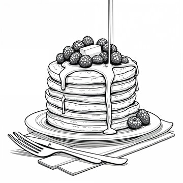 recommend clip art: Line Art Pancakes with Syrup and Berries Illustration