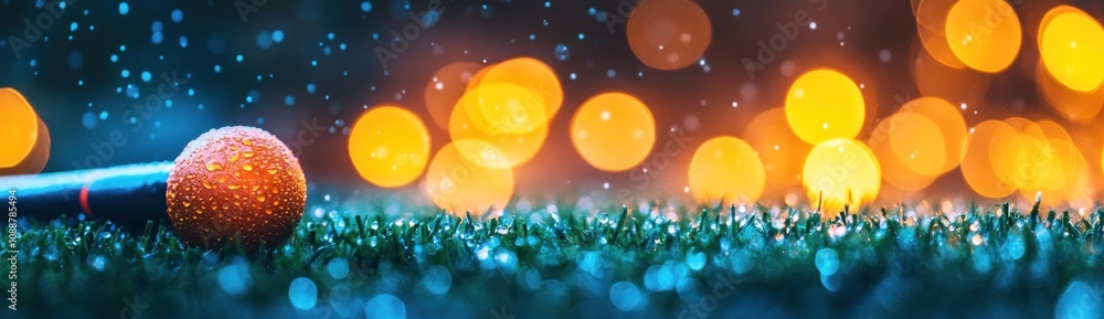 Aufkleber a microphone on grass with blurred lights, suggesting a musical or performance setting.