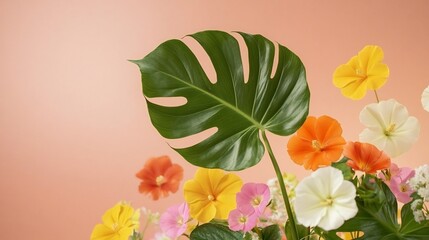 High Monstera Leaf Shadow Casting Over Vibrant Tropical Flowers With Minimal Summer Lighting