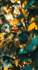 Fototapeta premium A vibrant toucan perched among colorful foliage, showcasing nature's beauty.