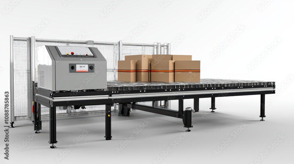 Poster industrial conveyor system with control panel and cardboard boxes in warehouse setting, featuring mo