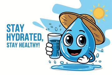 Stay Hydrated, Stay Healthy: Cheerful Water Droplet Character with Glass of Water
