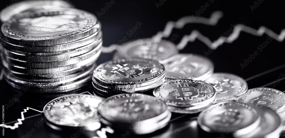Poster a collection of silver coins with a financial graph in the background, symbolizing cryptocurrency.