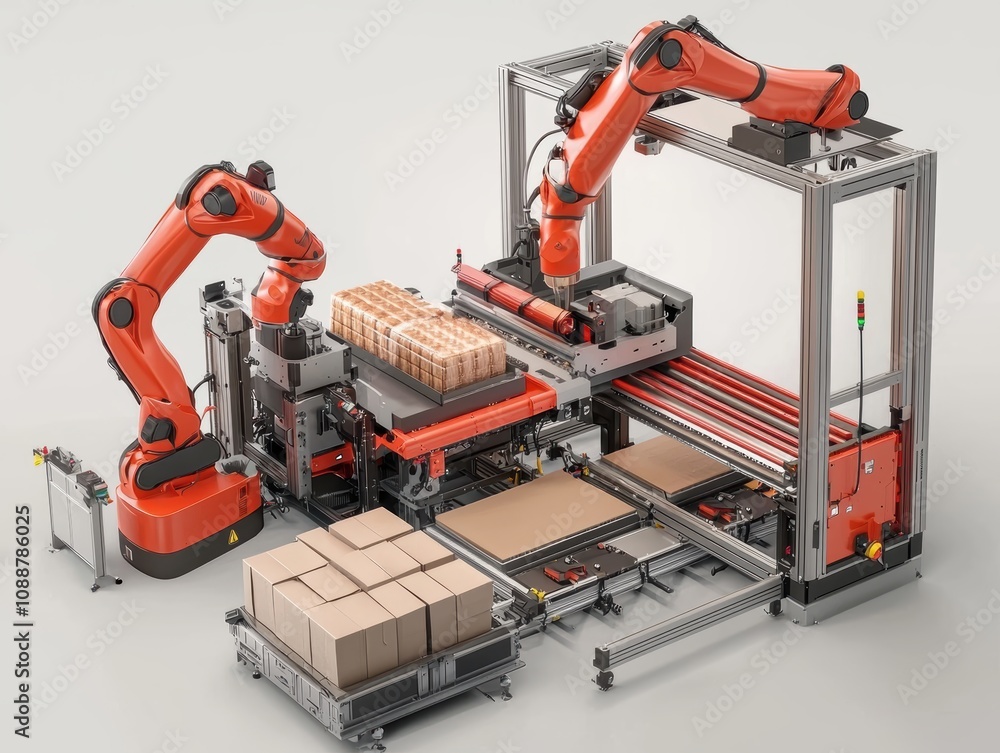 Poster advanced industrial automation system featuring robotic arms for efficient packaging and material ha