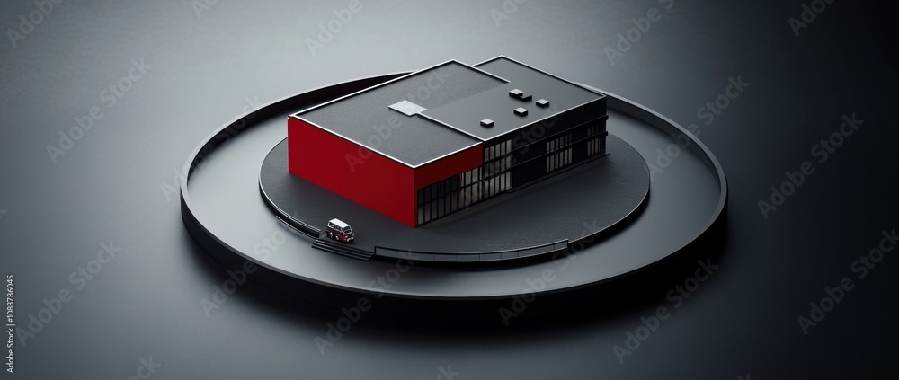 Aufkleber A minimalist architectural model of a modern building on a circular base.