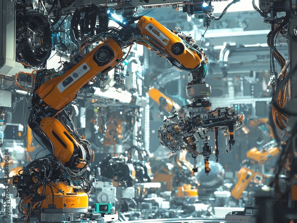 Poster advanced robotic arm in a high-tech manufacturing facility showcasing intricate mechanics and automa