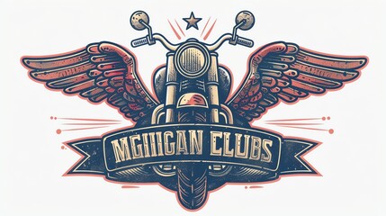A vintage style illustration of a motorcycle with wings and a banner that says "MICHIGAN CLUBS".