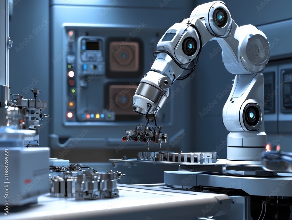 Poster advanced robotic arm in a high-tech laboratory environment using precision engineering to manipulate
