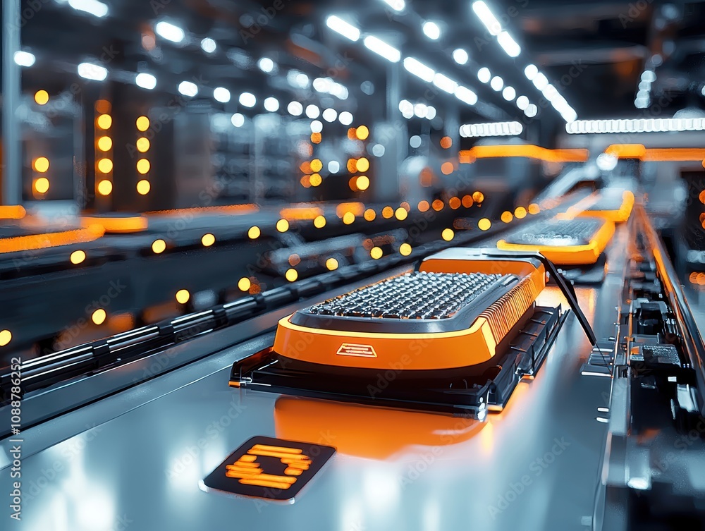Poster modern automated warehouse with high-tech conveyors and bright led lighting enhancing efficiency and