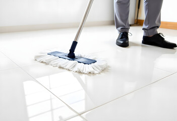 Professional man in uniform cleans the indoor space with a mop
