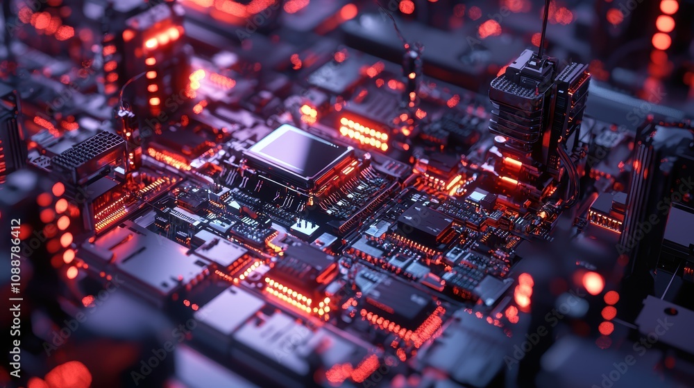 Poster intricate close-up of a circuit board with red lights, showcasing advanced technology and electronic