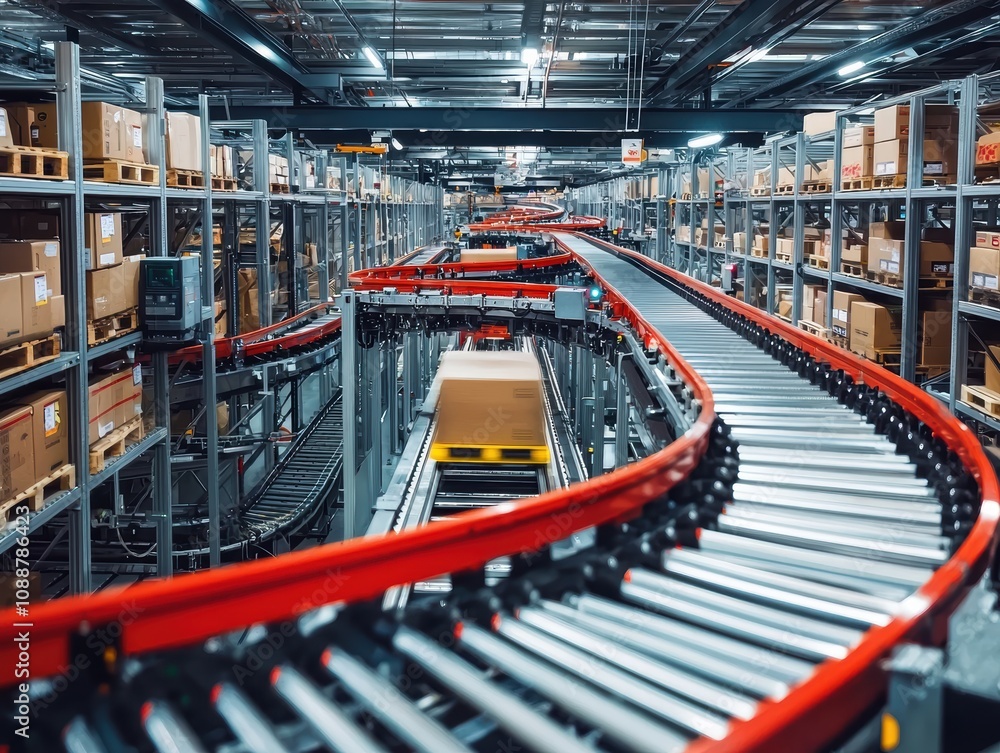 Poster modern warehouse automation with conveyor belts and shelving systems showcasing efficient product di