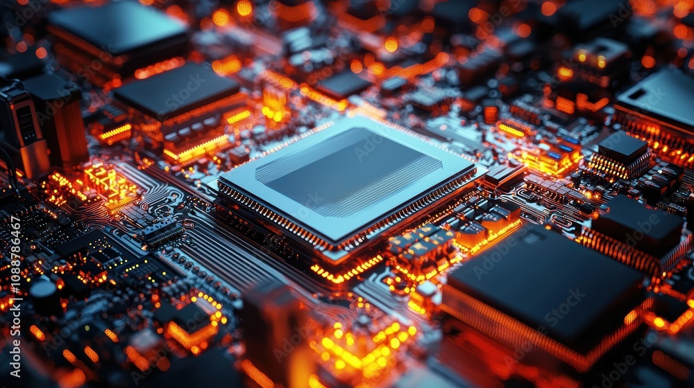 Aufkleber high-quality close-up of a modern computer circuit board featuring complex microchips and bright led