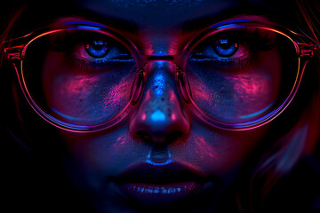 A woman's face is shown in a dark room with a blue light shining on her