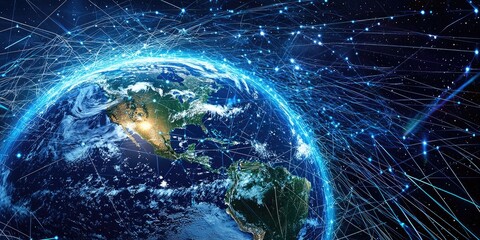 A digital globe with bright lines connecting various countries, symbolizing a global communication network.