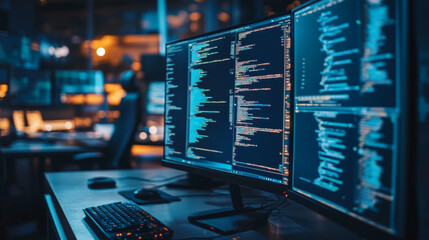 Modern Workspace with Programming Code on Multiple Monitors