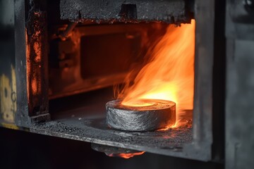 Molten Metal Flowing from Industrial Furnace with Intense Heat and Vibrant Orange Flames Creating a Dynamic and Dramatic Manufacturing Scene