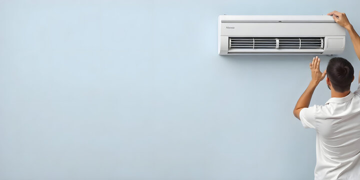 Photo of a man fixing an air condition in the apartment 