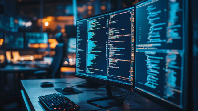 Modern Workspace with Programming Code on Multiple Monitors