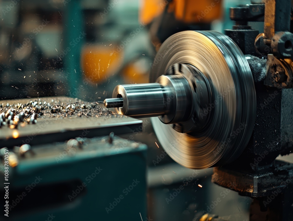Poster high-speed precision metal machining in action with spinning lathe and shimmering metal shavings on 