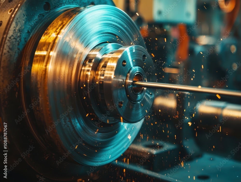Poster close-up view of metal lathe in action with sparks, highlighting precision engineering and craftsman