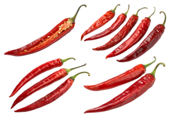 A set or collection of red hot chili peppers isolated on a transparent background. National Hot Heads Chili Day concept
