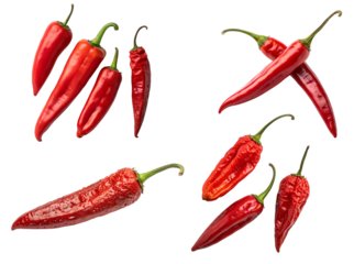 A set or collection of red hot chili peppers isolated on a transparent background. National Hot Heads Chili Day concept