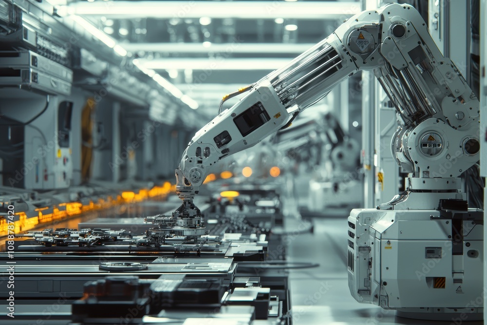 Poster advanced industrial robotics in a high-tech factory setting with automated assembly lines and precis
