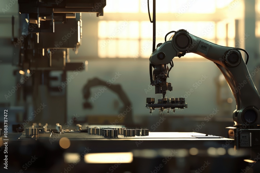 Poster industrial robot arm in action at sunset in a high-tech manufacturing facility focused on precision 