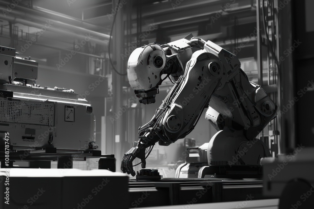 Poster a futuristic robotic arm working in an industrial setting, showcasing advanced technology and automa