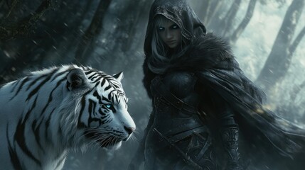 A female knight assassin wearing dark armor and a hooded cloak, standing quietly in a misty forest with a loyal white tiger by her side background wallpaper AI generated image