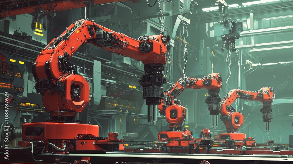 Aufkleber advanced red robotic arms in a futuristic industrial environment with high-tech machinery and comple